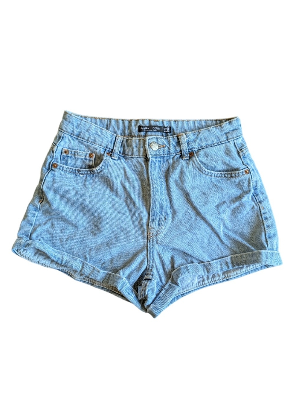 Women's Bershka Denim Roll-Up Cuffed Shorts Stiff Denim Blue Size 6